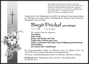 Traueranzeige von Birgit Prickel von Südthüringer Presse