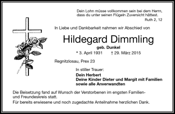 Traueranzeige von Hildegard Dimmling von Frankenpost