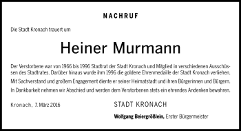 Traueranzeige von Heiner Murmann von Neue Presse Coburg