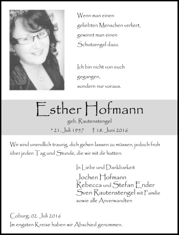 Traueranzeige von Esther Hofmann von Neue Presse Coburg
