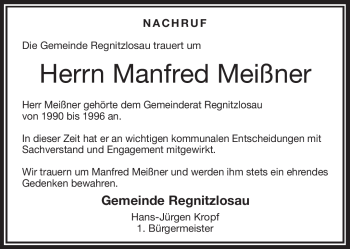 Traueranzeige von Manfred Meißner von Frankenpost