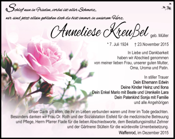 Traueranzeige von Anneliese kreußel von Südthüringer Presse