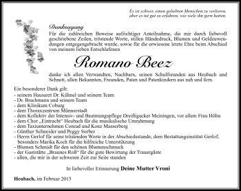 Traueranzeige von Romano Beez von Südthüringer Presse