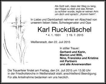 Traueranzeige von Karl Ruckdäschel von Frankenpost