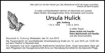 Traueranzeige von Ursula Hulick von Neue Presse Coburg