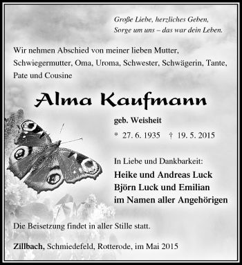 Traueranzeige von Alma Kaufmann von Südthüringer Presse