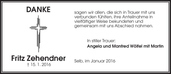 Traueranzeige von Fritz Zehendner von Frankenpost
