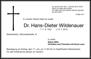 Traueranzeige von Dr. Hans-Dieter Wildenauer von Frankenpost