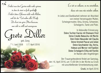 Traueranzeige von Grete Diller von Südthüringer Presse