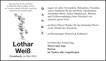 Traueranzeige von Lothar Weiß von Südthüringer Presse