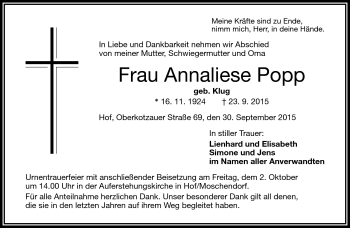 Traueranzeige von Annaliese Popp von Frankenpost