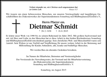 Traueranzeige von Dietmar Schmidt von Südthüringer Presse
