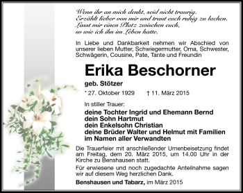 Traueranzeige von Erika Beschorner von Südthüringer Presse