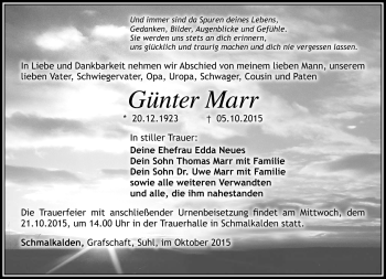 Traueranzeige von Günter Marr von Südthüringer Presse