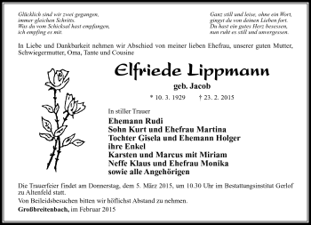 Traueranzeige von Elfriede Lippmann von Südthüringer Presse