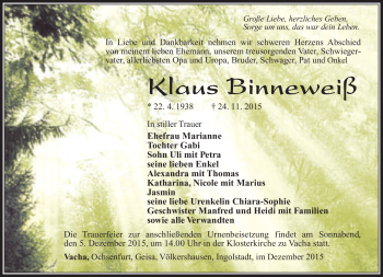 Traueranzeige von Klaus Binneweiß von Südthüringer Presse