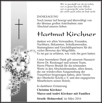 Traueranzeige von Hartmut Kirchner von Südthüringer Presse