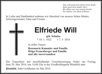 Traueranzeige von Elfriede Will von Südthüringer Presse