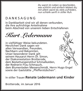 Traueranzeige von Kurt Ledermann von Südthüringer Presse