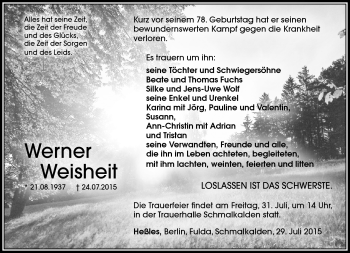 Traueranzeige von Werner Weisheit von Südthüringer Presse