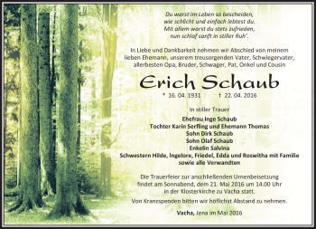 Traueranzeige von Erich Schaub von Südthüringer Presse