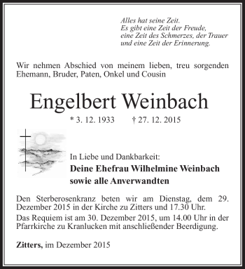 Traueranzeige von Engelbert Weinbach von Südthüringer Presse