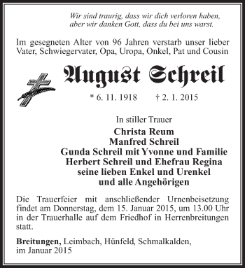 Traueranzeige von August Schreil von 26011