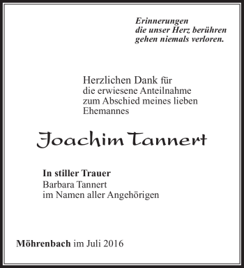 Traueranzeige von Joachim Tannert von Südthüringer Presse