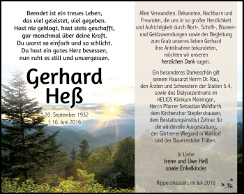 Traueranzeige von Gerhard Heß von Südthüringer Presse