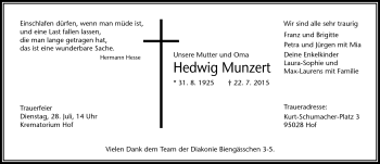 Traueranzeige von Hedwig Munzert von Frankenpost