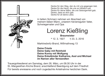 Traueranzeige von Lorenz Kießling von Frankenpost