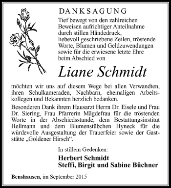 Traueranzeige von Liane Schmidt von Südthüringer Presse