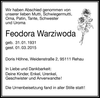 Traueranzeige von Feodora Warziwoda von Frankenpost
