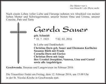 Traueranzeige von Gerda Sauer von Südthüringer Presse