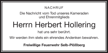 Traueranzeige von Herbert Hollering von Frankenpost