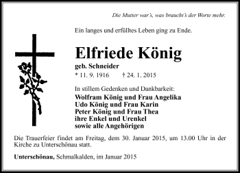Traueranzeige von Elfriede König von Südthüringer Presse