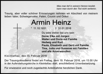 Traueranzeige von Armin Heinz von Neue Presse Coburg