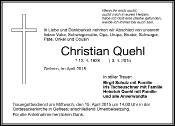 Traueranzeige von Christian Quehl von Frankenpost