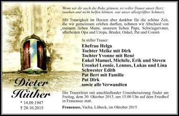 Traueranzeige von Dieter Hüther von Südthüringer Presse