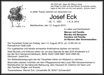 Traueranzeige von Josef Eck von Frankenpost