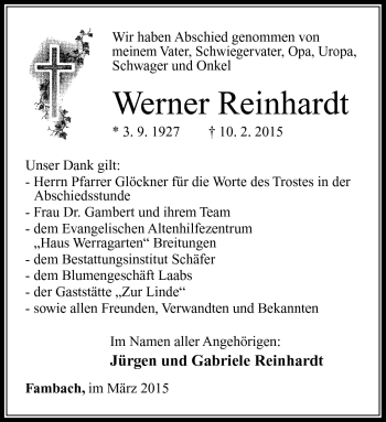 Traueranzeige von Werner Reinhardt von Südthüringer Presse