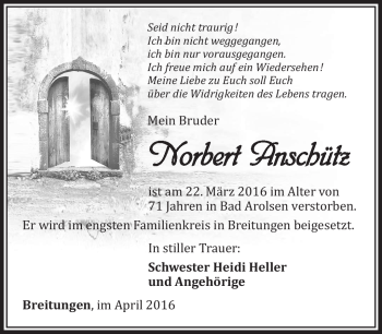 Traueranzeige von Norbert Anschütz von Südthüringer Presse