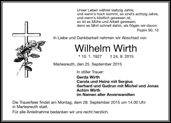 Traueranzeige von Wilhelm Wirth von Frankenpost