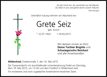 Traueranzeige von Grete Seiz von Neue Presse Coburg