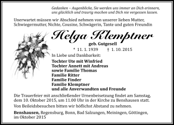 Traueranzeige von Helga Klemtner von Südthüringer Presse