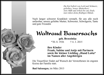 Traueranzeige von Waltraud Bauersachs von Südthüringer Presse