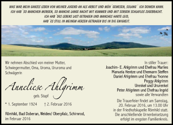 Traueranzeige von Anneliese Ahlgrimm von Südthüringer Presse