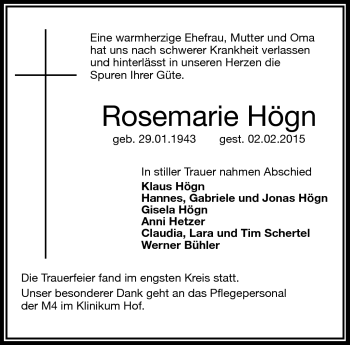 Traueranzeige von Rosemarie Högn von Frankenpost
