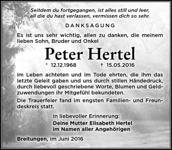 Traueranzeige von Peter Hertel von Südthüringer Presse