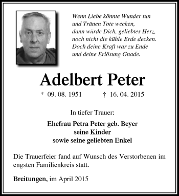 Traueranzeige von Adelbert Peter von Südthüringer Presse